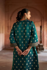 Jashn Teal Brocade Kurta Set, teal satin brocade kurta with striped brocade pants, image 6 of 7