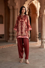 Jashn Maroon Printed Salwar Set, maroon paisley print modal kurta with solid salwar, image 1 of 12