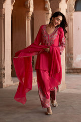 Jashn Hot Pink Aari Embroidered Salwar Set, hot pink aari paisley embroidered kurta salwar with organza dupatta, image 9 of 10