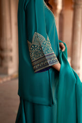 Jashn Bottle Green Embroidered Farshi Set, bottle green embroidered kurta with farshi and organza dupatta, image 7 of 11