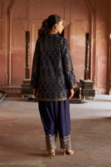 Jashn Navy Ikkat Brocade Salwar Set, navy ikkat brocade kurta with embroidered modal salwar, image 4 of 8