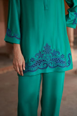 Jashn Emerald Cutwork Embroidered Co-ord Set, emerald modal tunic with dark blue cutwork embroidery and harem pants, image 3 of 5