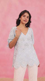 Light Blue Embroidered Top with Linen Pants
