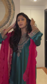 Bottle Green Embroidered Set with Contrast Dupatta