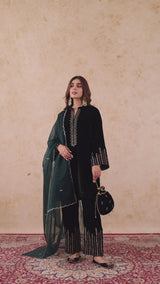 Regal Black Velvet Embroidered Set- Inching India