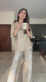 Beige Linen Floral Embroidered Set- Inchingindia
