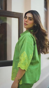 Ziya Green Linen Cutwork Embroidered Set