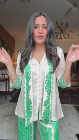 Cream Scarf Top with Green Printed Pant