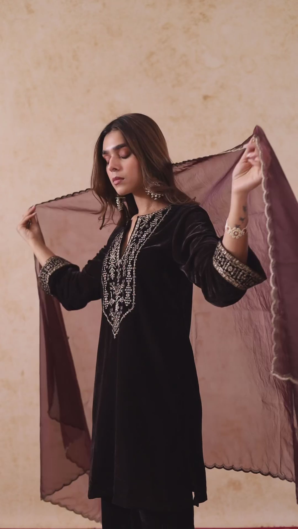  Regal Brown Velvet Suit Set With Dupatta