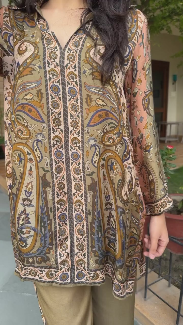 Olive Paisley Print Co-ord Set- Inchingindia