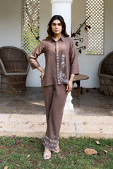 Ziya Brown Linen Embroidered Set