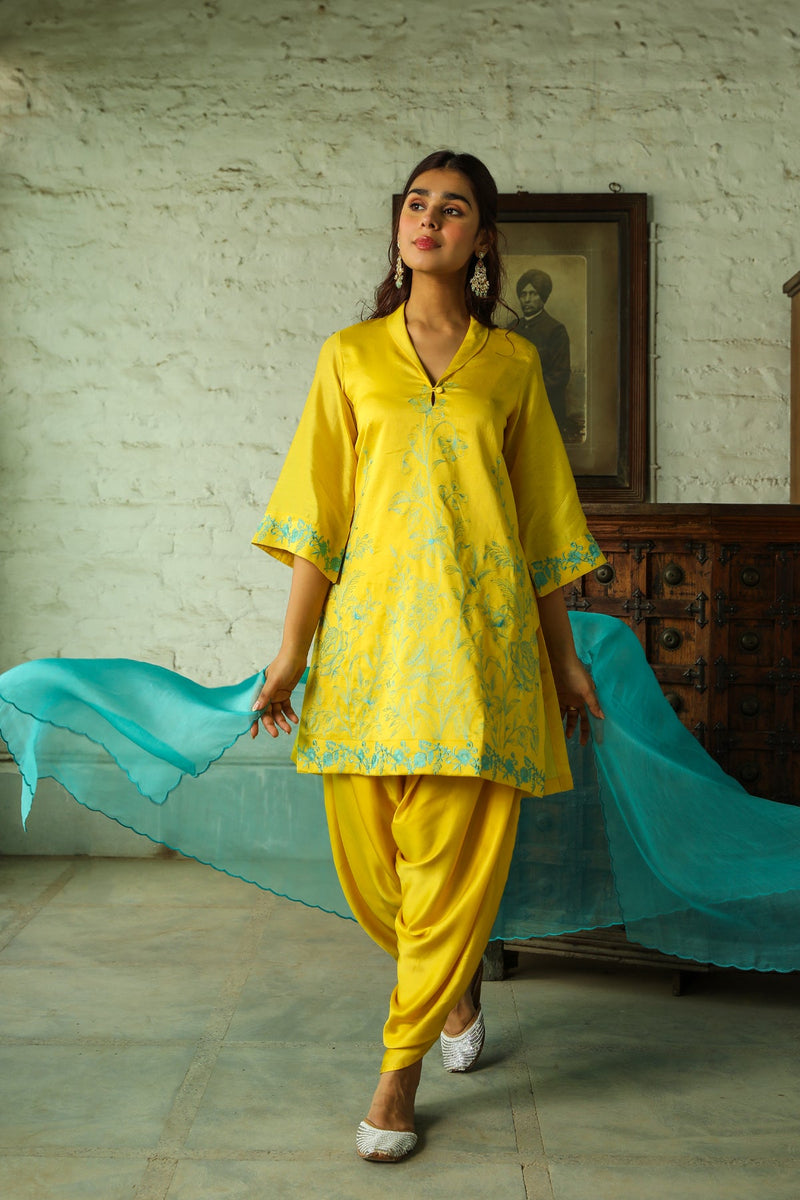 Contrast Yellow Embroidered Dhoti Set