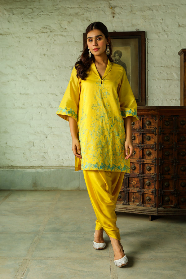 Contrast Yellow Embroidered Dhoti Set