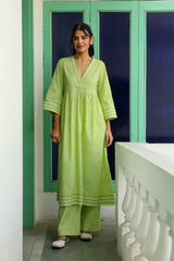 Lime Green Block Printed Suit with Floral Dupatta