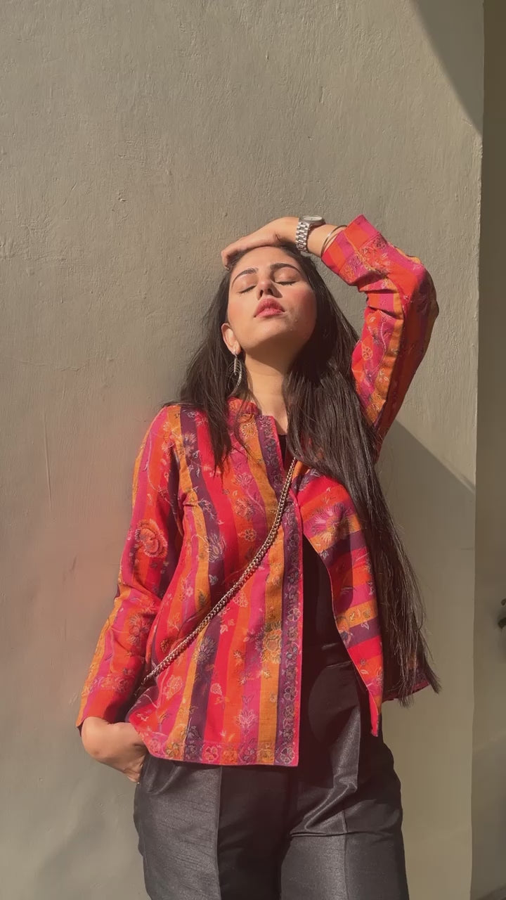 Pink-Red Striped Woolen Cape For Women- Inching India 