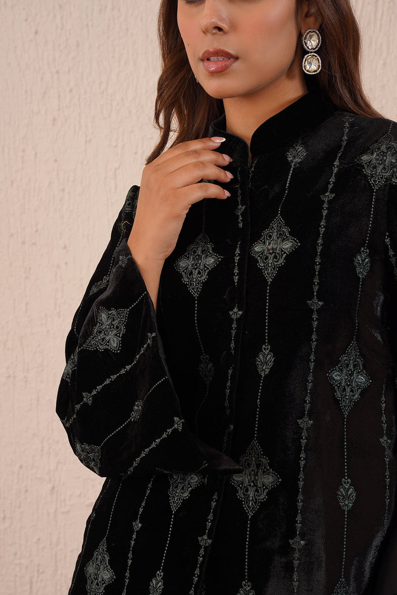 Black Velvet Coat with Thread Embroidery