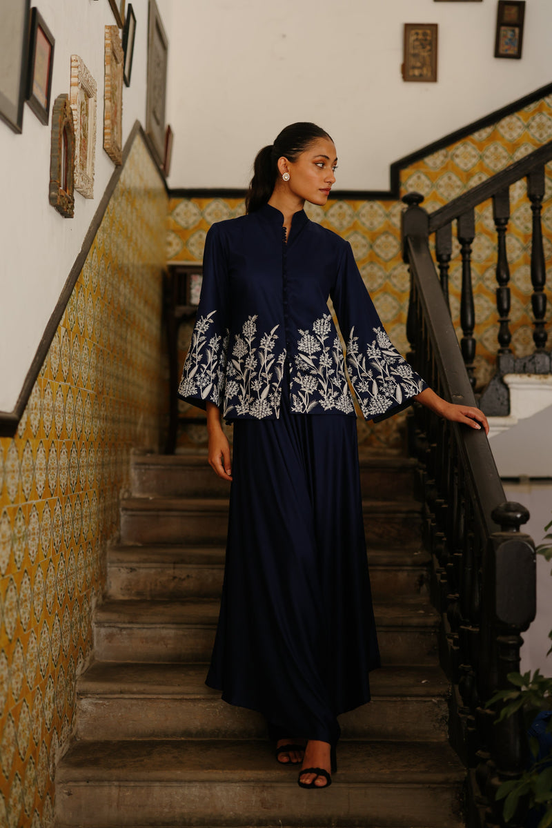Navy Blue Embroidered Coat with Asymmetrical Pants