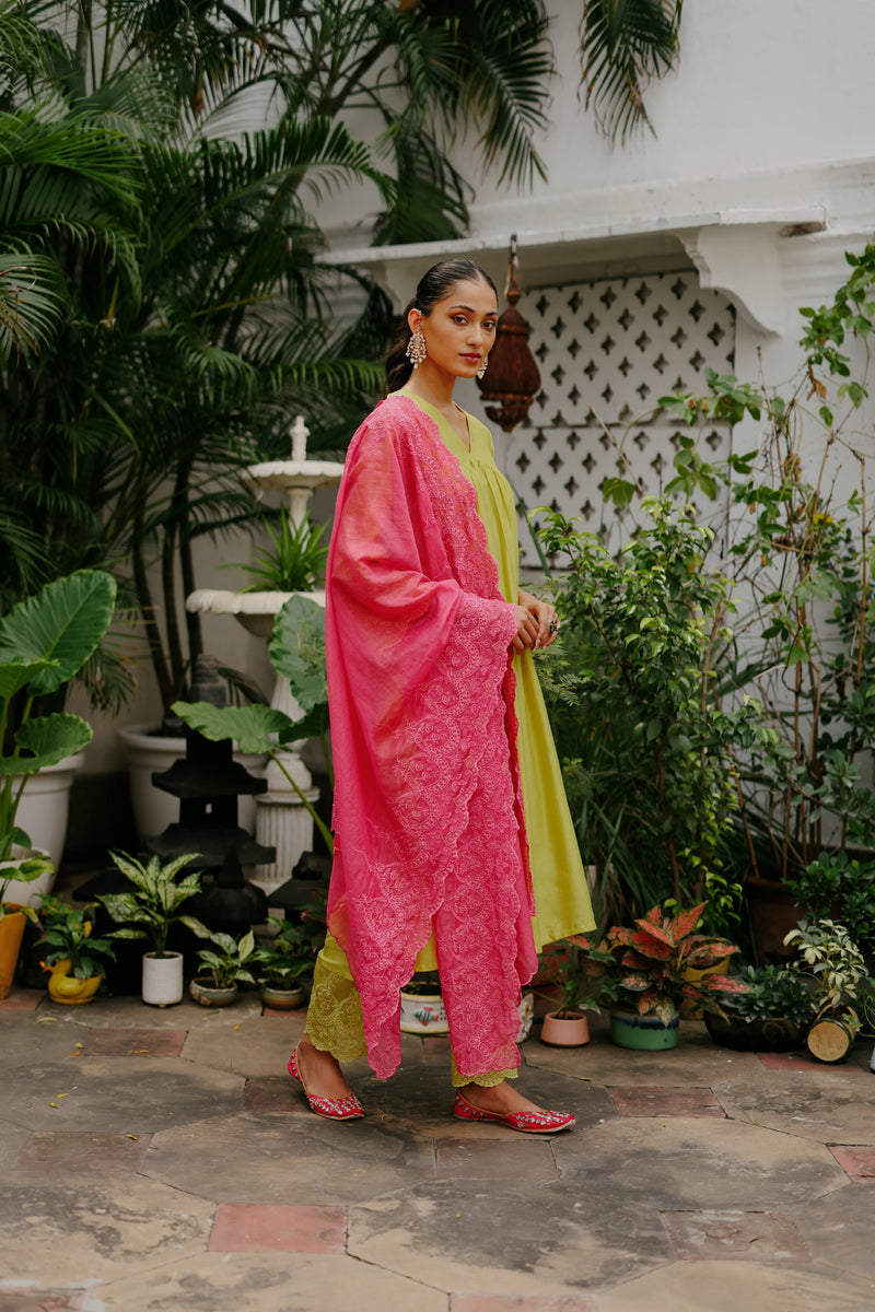 Green Embroidered Suit with Pink Dupatta