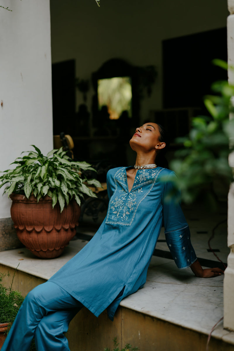 Deep Teal Blue Embroidered Suit