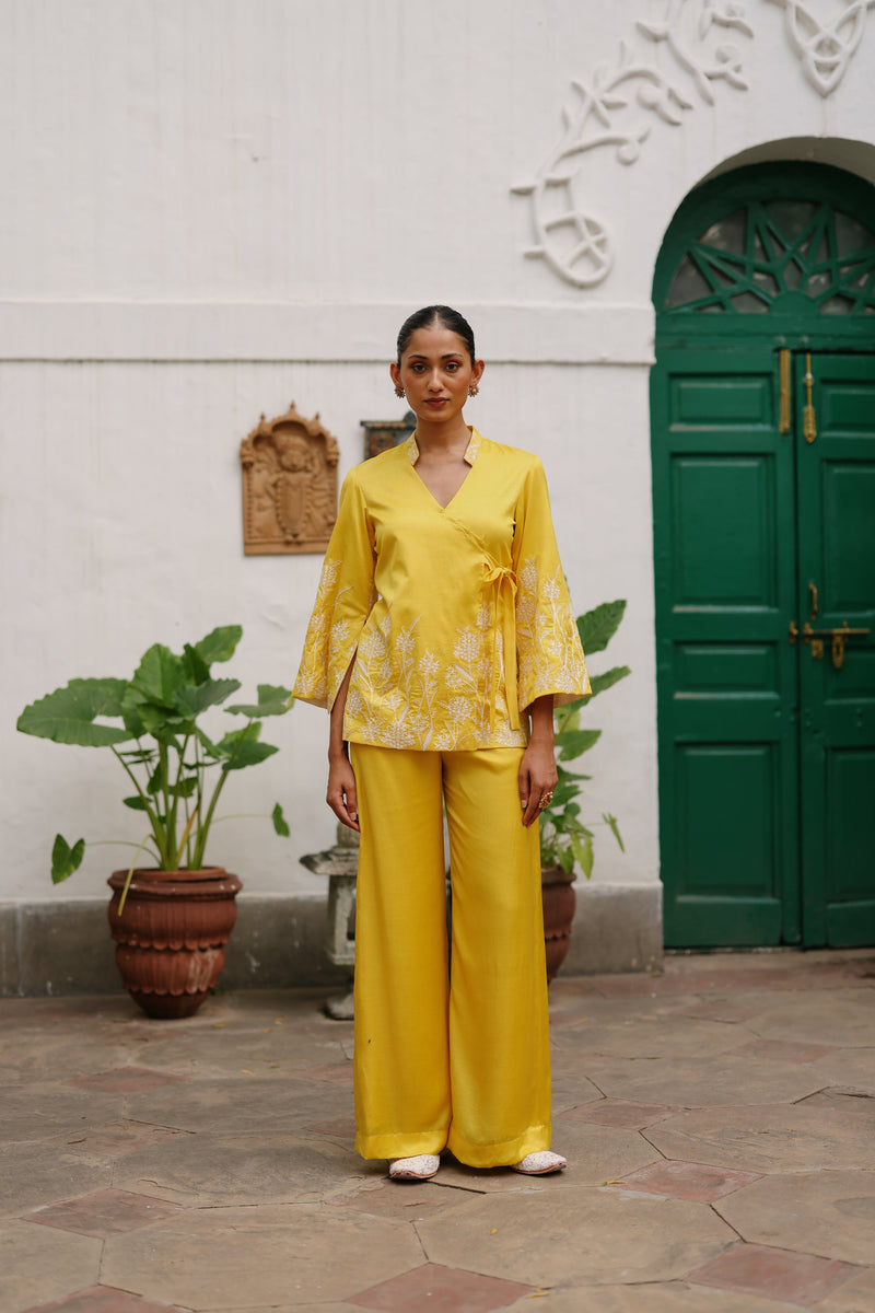 Yellow Angrakha Top with Wide Pants