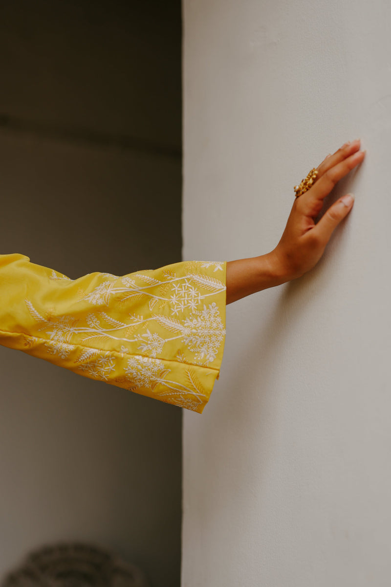 Yellow Embroidered Coat with Wide Pants