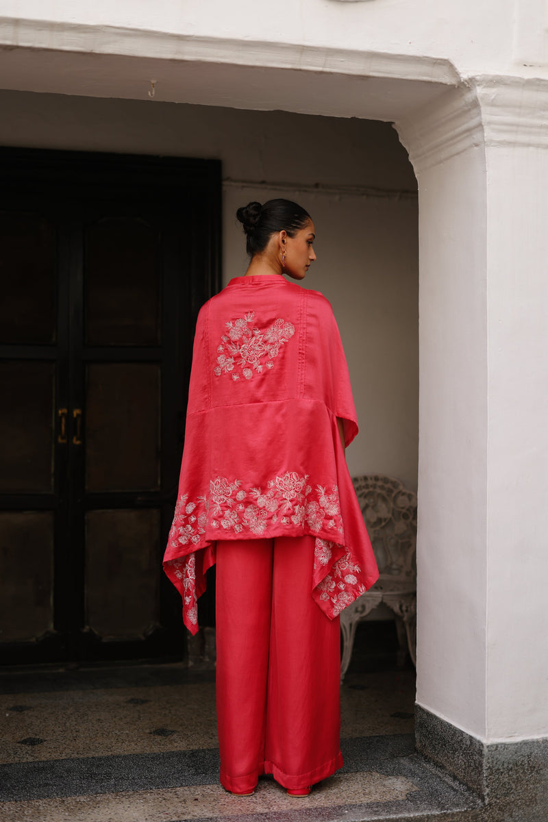 Strawberry Pink Embroidered Cape Set