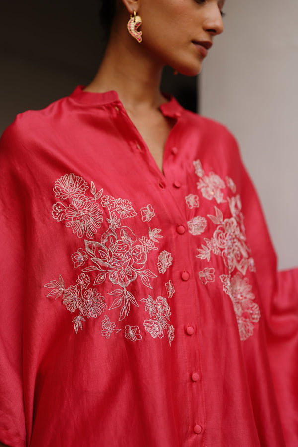 Strawberry Pink Embroidered Cape Set