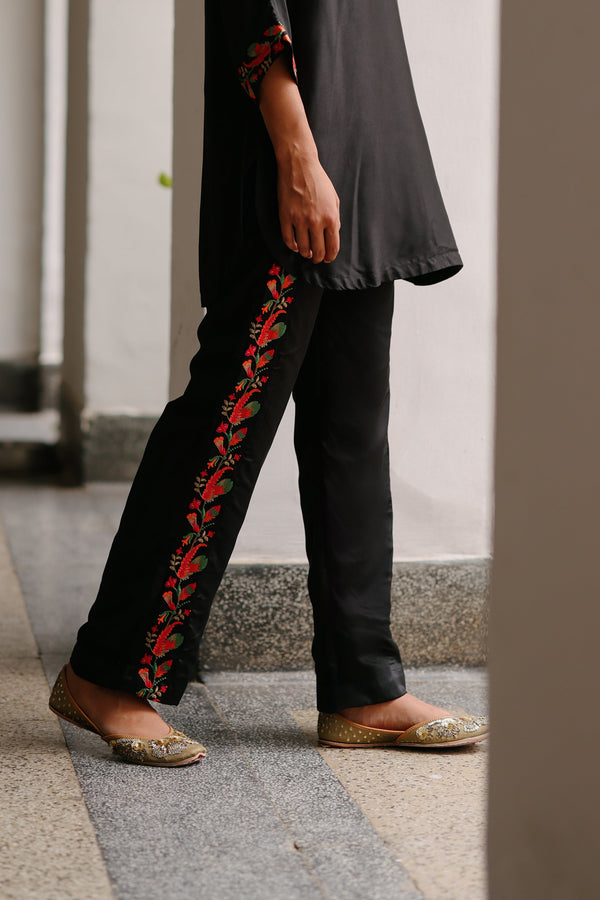 Black Top with Floral Embroidered Pants