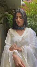 Cream Embroidered Suit Set with Organza Dupatta