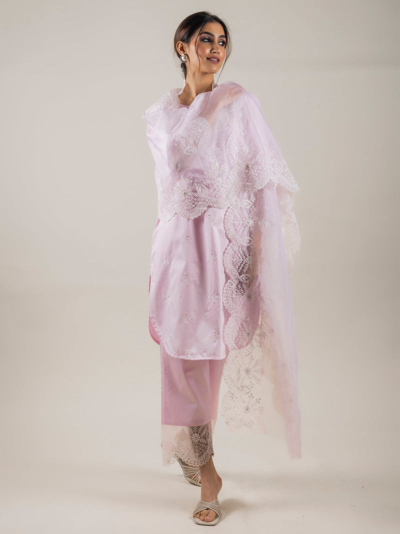 PINK EMBROIDERED SUIT SET WITH ORGANZA DUPATTA