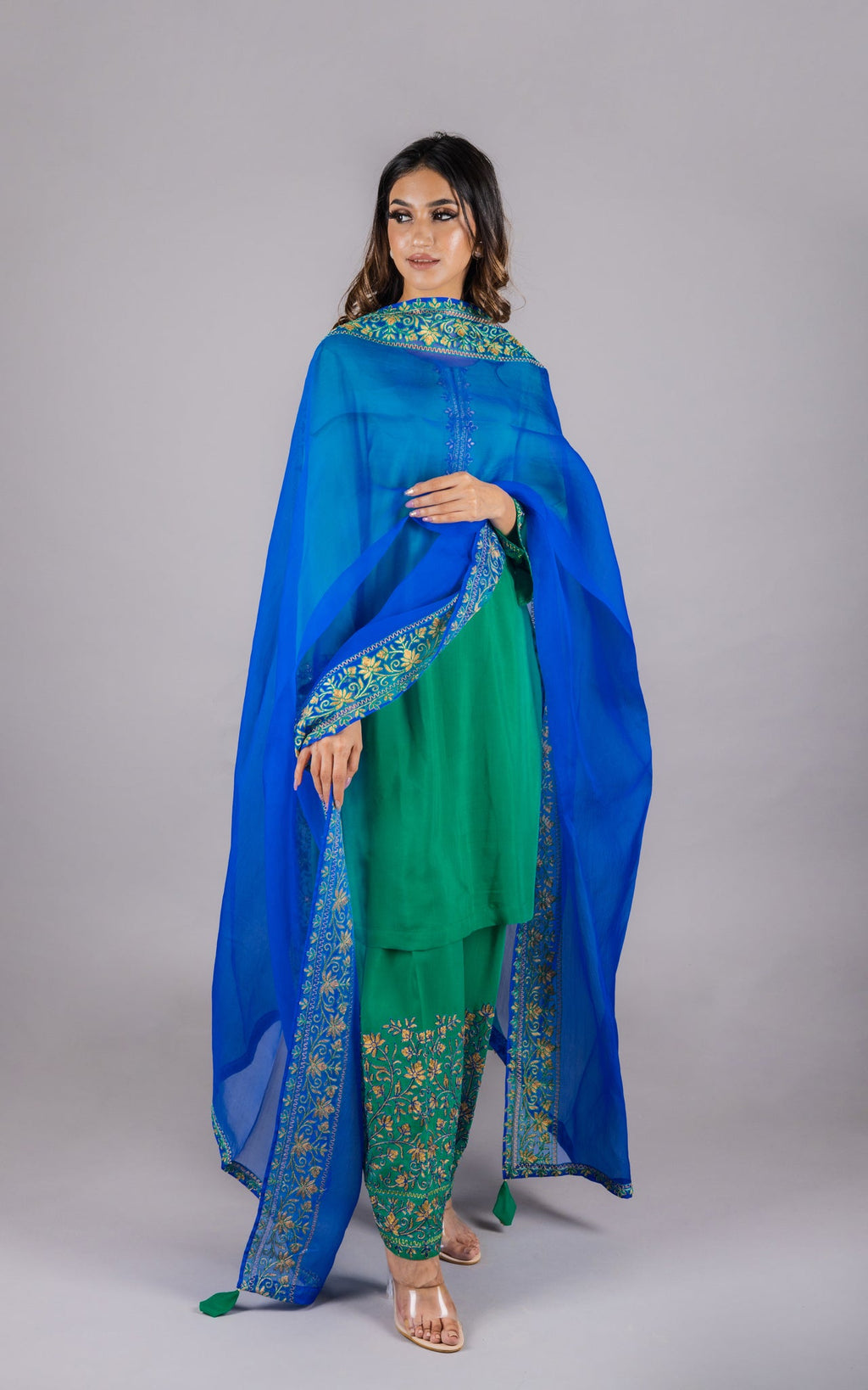 Emerald Green Embroidered Suit Set with Pure Organza Dupatta – INCHING ...
