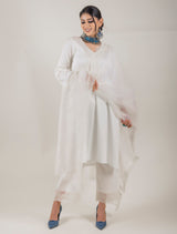Cream Embroidered Suit Set with Organza Dupatta