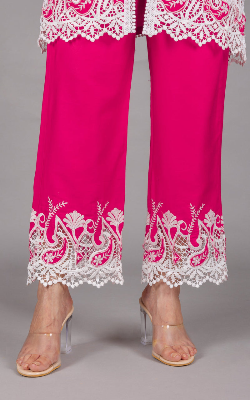 Hot Pink Embroidered Suit Set with Palazzos & Dupatta