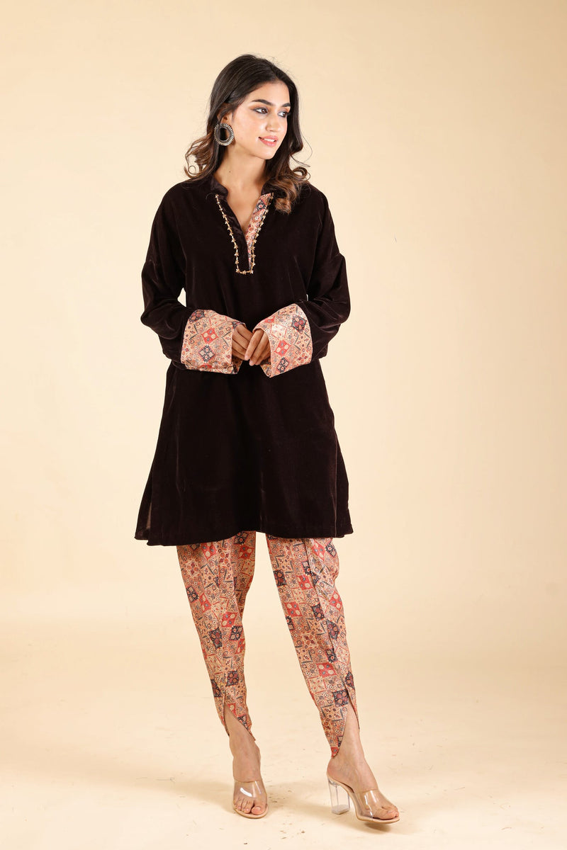 BROWN VELVET SUIT WITH PRINTED DHOTI