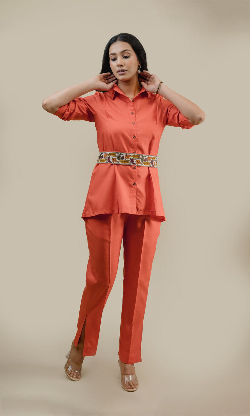Seher Orange Linen Set with Embroidered Belt