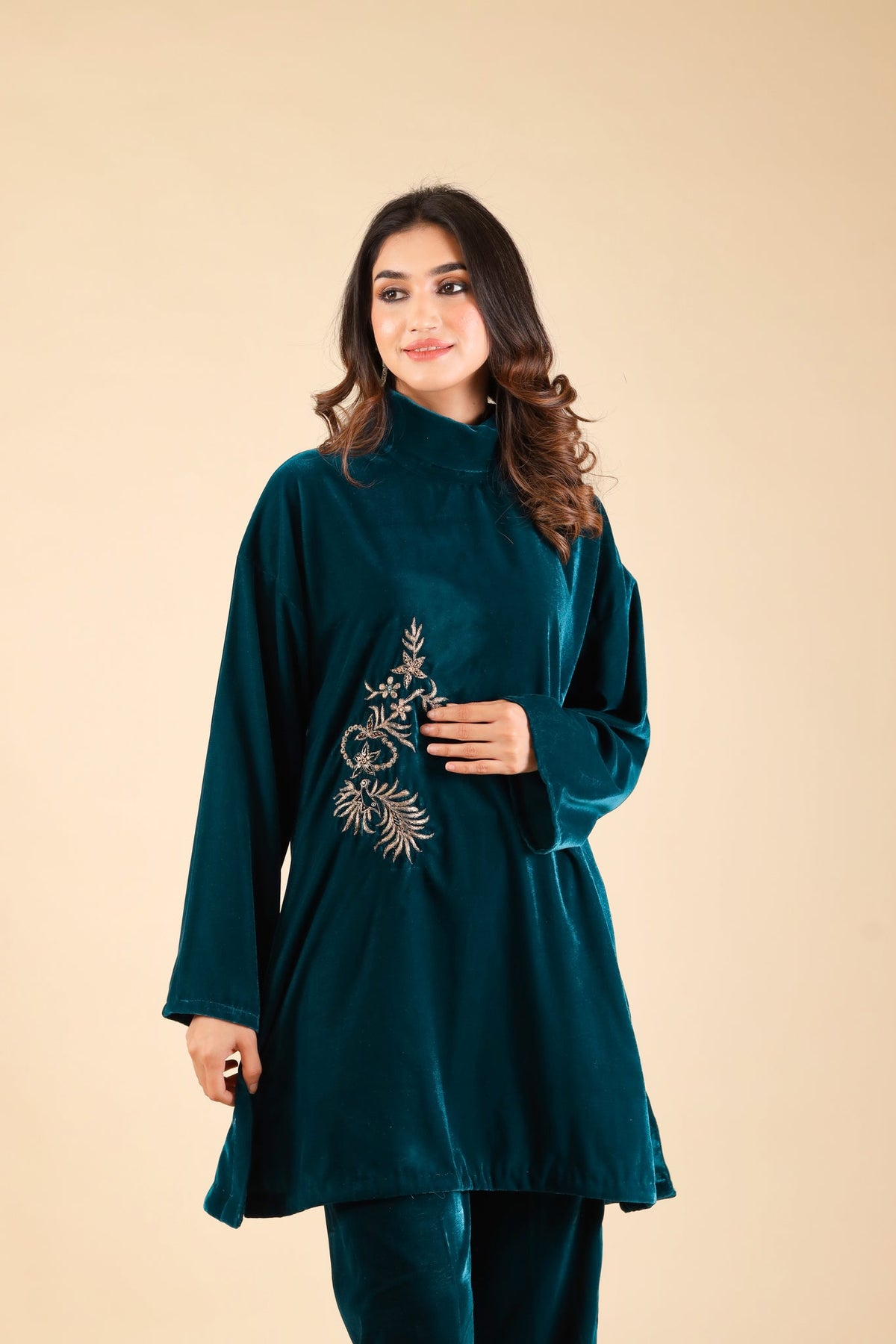 Teal Blue Embroidered Velvet Co ord Set INCHING INDIA