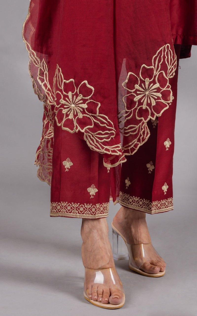 Maroon Embroidered Suit Set with Floral Embroidered Dupatta