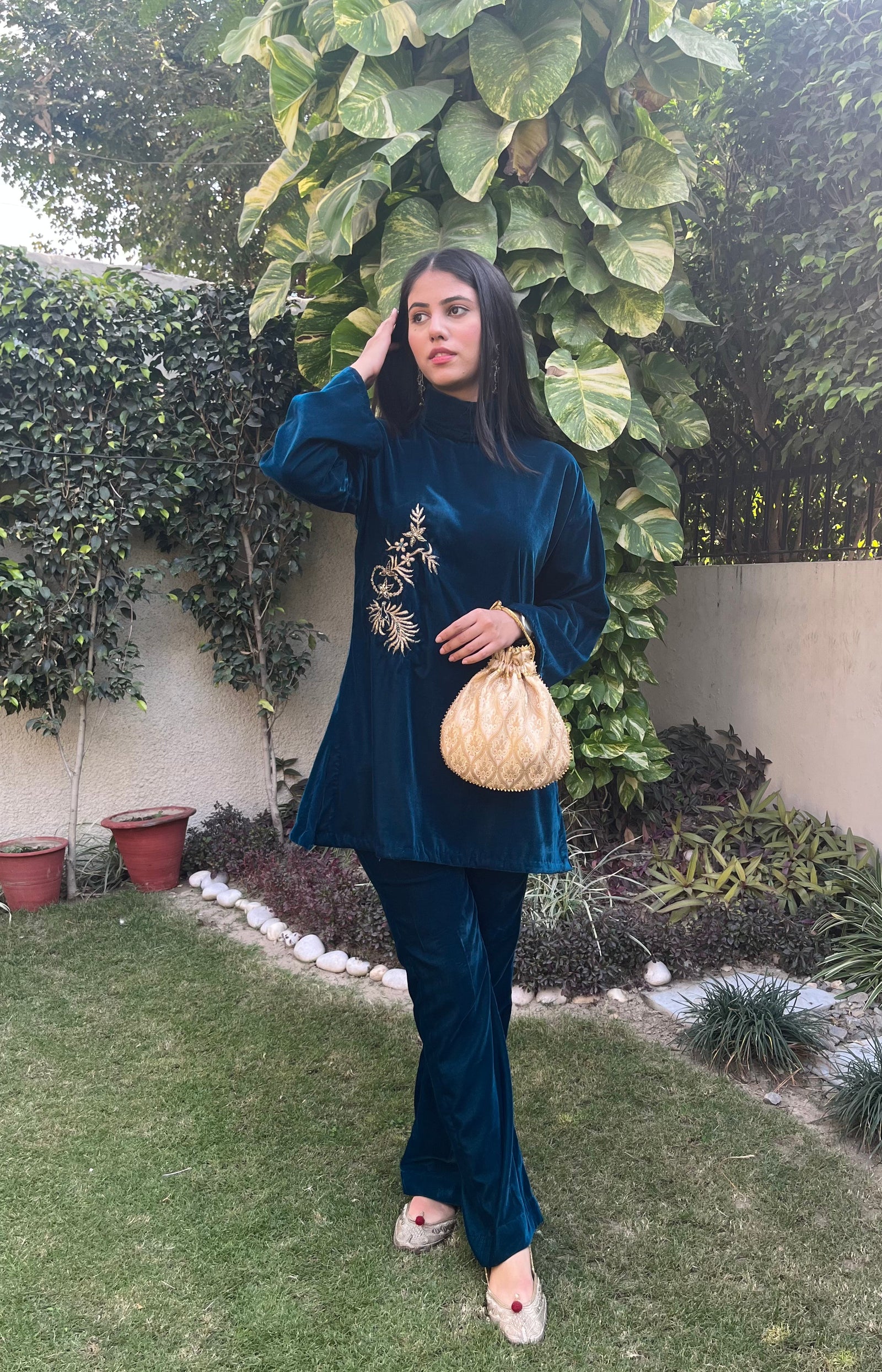 Teal Blue Embroidered Velvet Co-ord Set